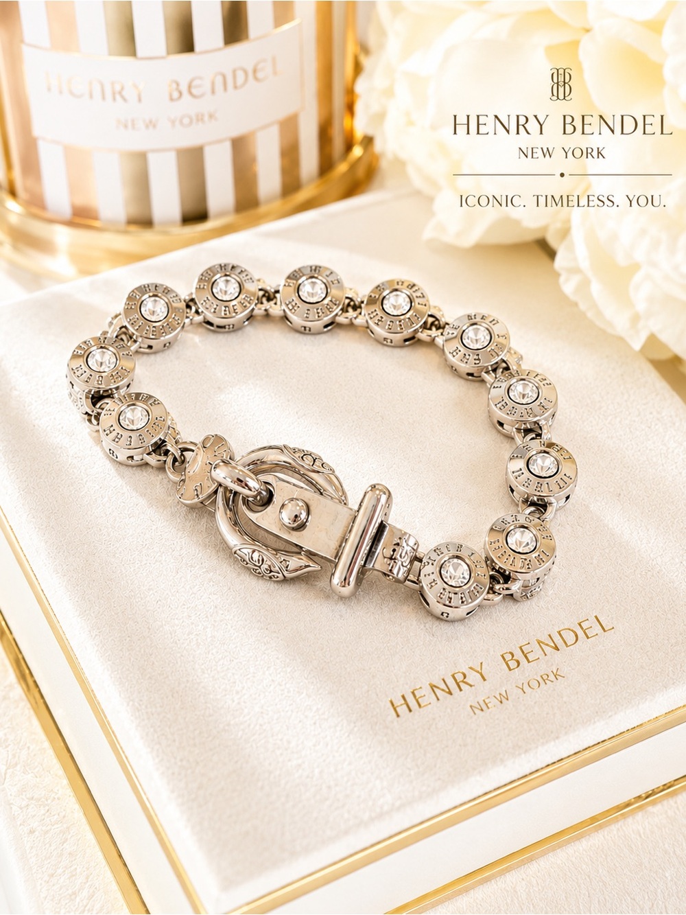 Henry Bendel Silver Crystal Logo Link Bracelet | Rhinestone Statement Bracelet
